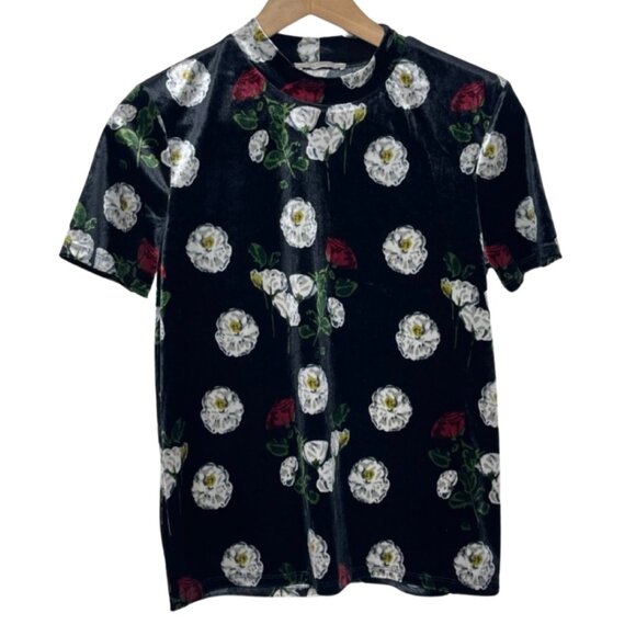 ZARA TRAFALUC | Black Velvet Mockneck Turtleneck Top with Floral Print | Size S - Picture 1 of 6